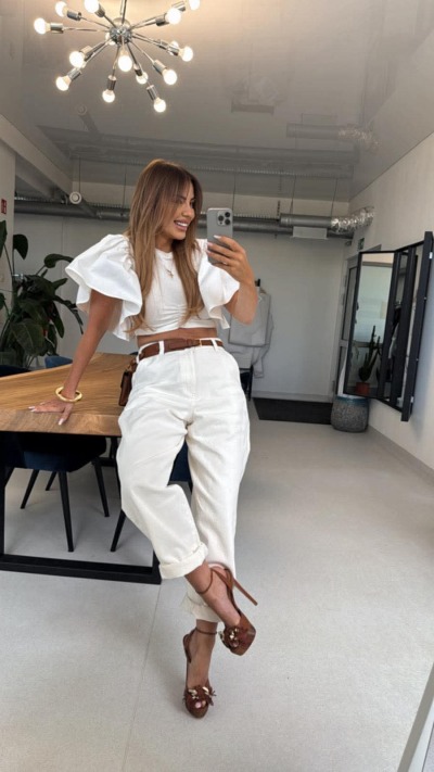 SPODNIE MOM FIT - off white